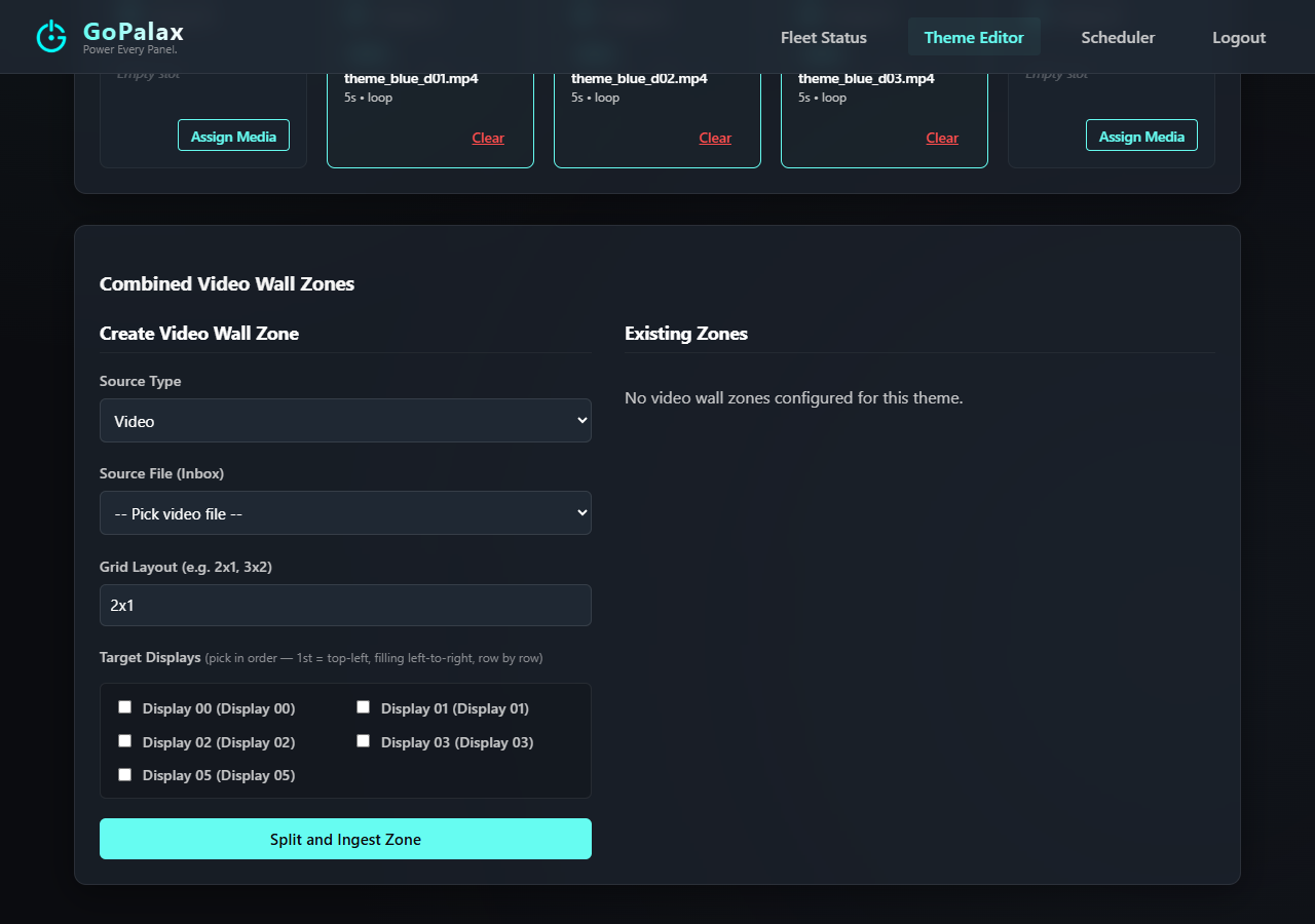 Theme Editor Display Media Grid showing video files assigned to individual displays